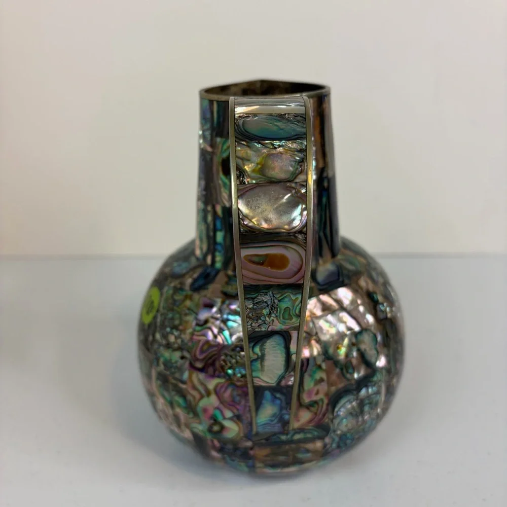 Vintage Abalone Shell Mosaic Pitcher Brass Mother of Pearl Jug Vase Decor 1960s - Picture 2 of 9